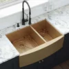 Ruvati Terraza 33" Stainless Steel Apron-front Farmhouse Sink, 60/40 Double Bowl, Brass Tone Matte Gold, 16 Gauge, RVH9742GG