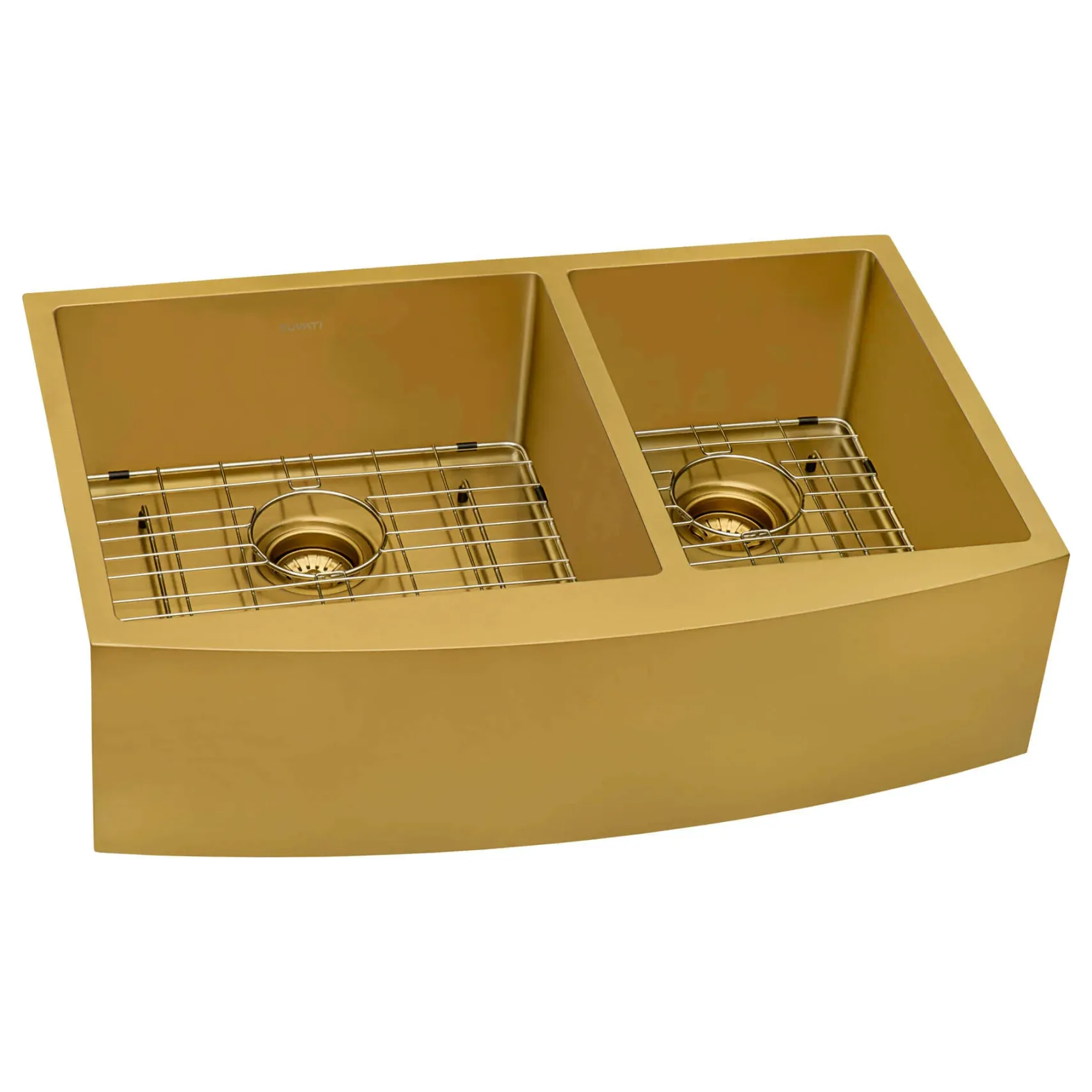 Ruvati Terraza 33" Stainless Steel Apron-front Farmhouse Sink, 60/40 Double Bowl, Brass Tone Matte Gold, 16 Gauge, RVH9742GG