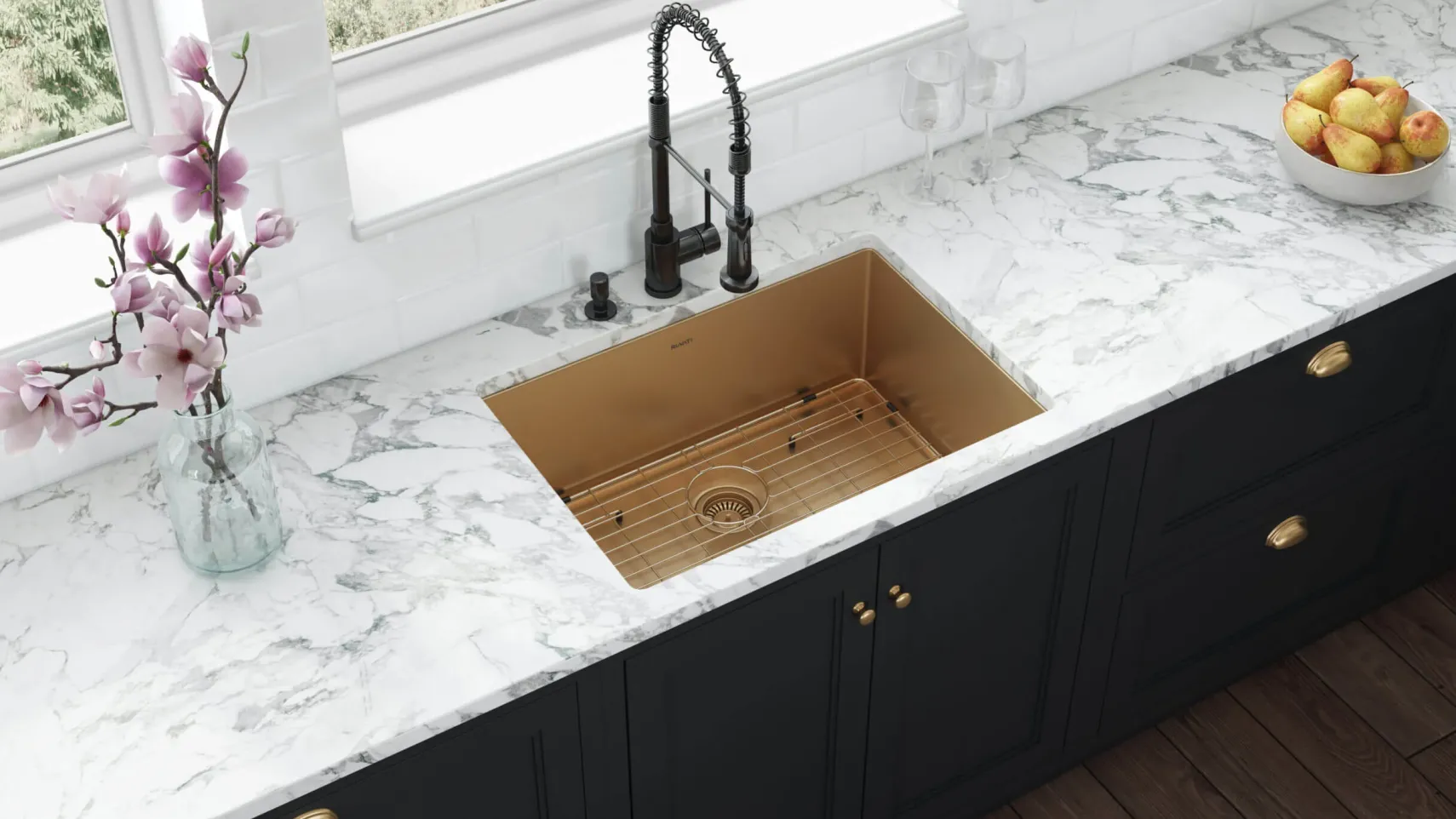 Ruvati Terraza 33" Undermount Stainless Steel Kitchen Sink, Brass Tone Matte Gold, 16 Gauge, RVH6433GG