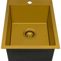 Ruvati Terraza 15 x 20 inch Polished Brass Matte Gold Stainless Steel Drop-in Topmount Bar Prep Sink Single Bowl, 16, Matte Gold Satin Brass, RVH8110GG