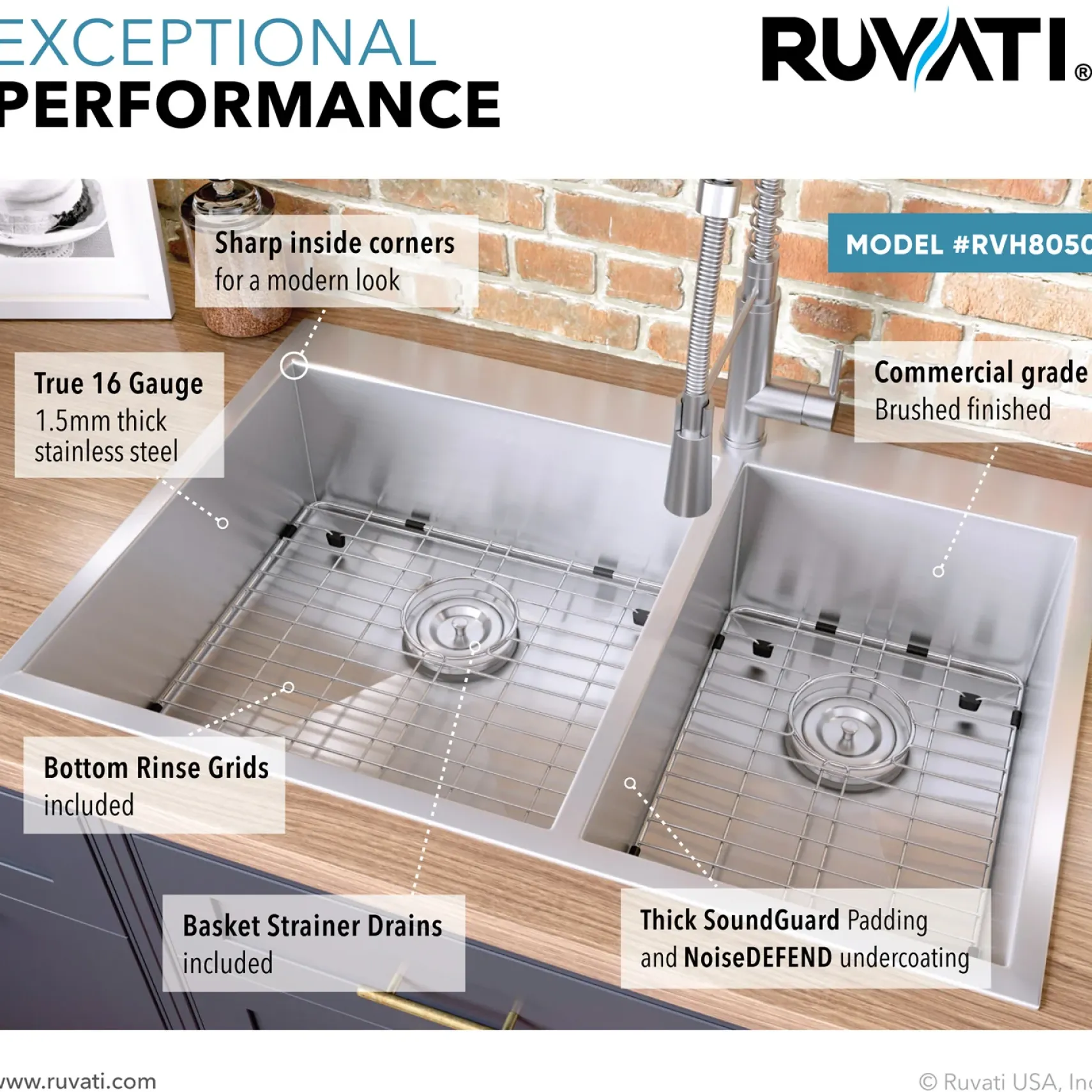 Ruvati Tirana 33" Drop In Stainless Steel Kitchen Sink, 60/40 Double Bowl, 16 Gauge, Zero Radius, RVH8050