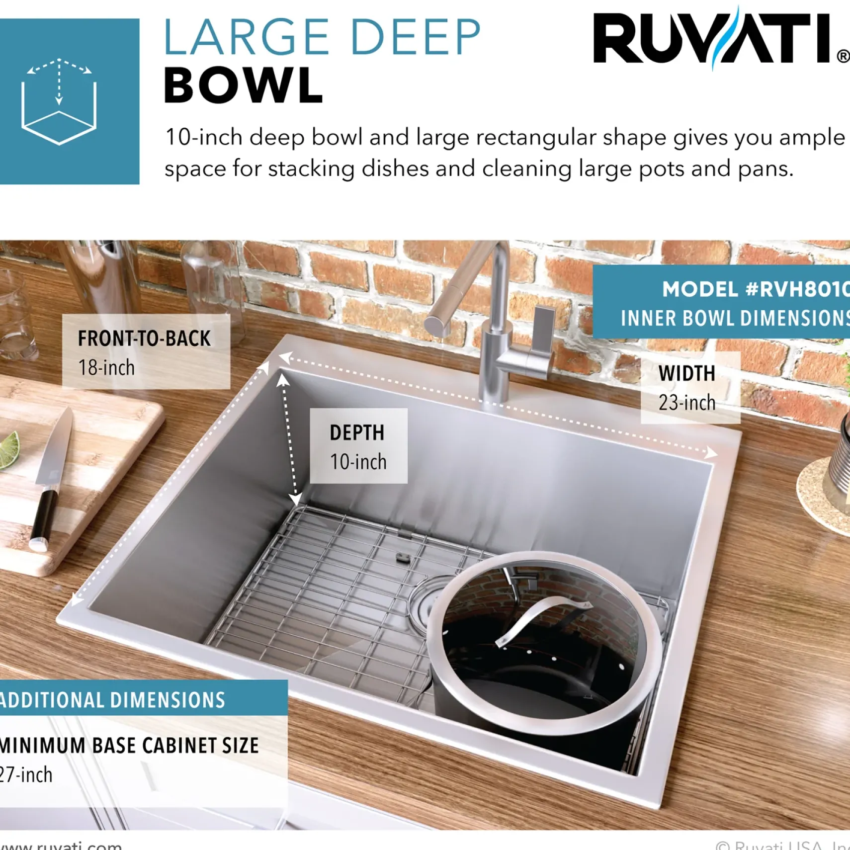 Ruvati Tirana 25" Drop-in Topmount Stainless Steel Kitchen Sink, 16 Gauge, RVH8010