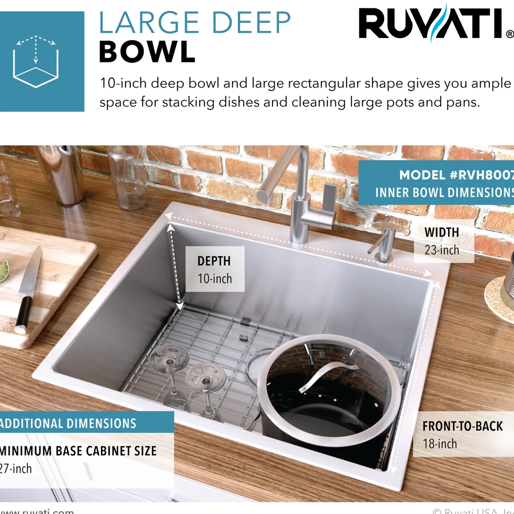Ruvati Tirana Pro 25" Stainless Steel Kitchen Sink, 16 Gauge, Rounded Corners, RVH8007