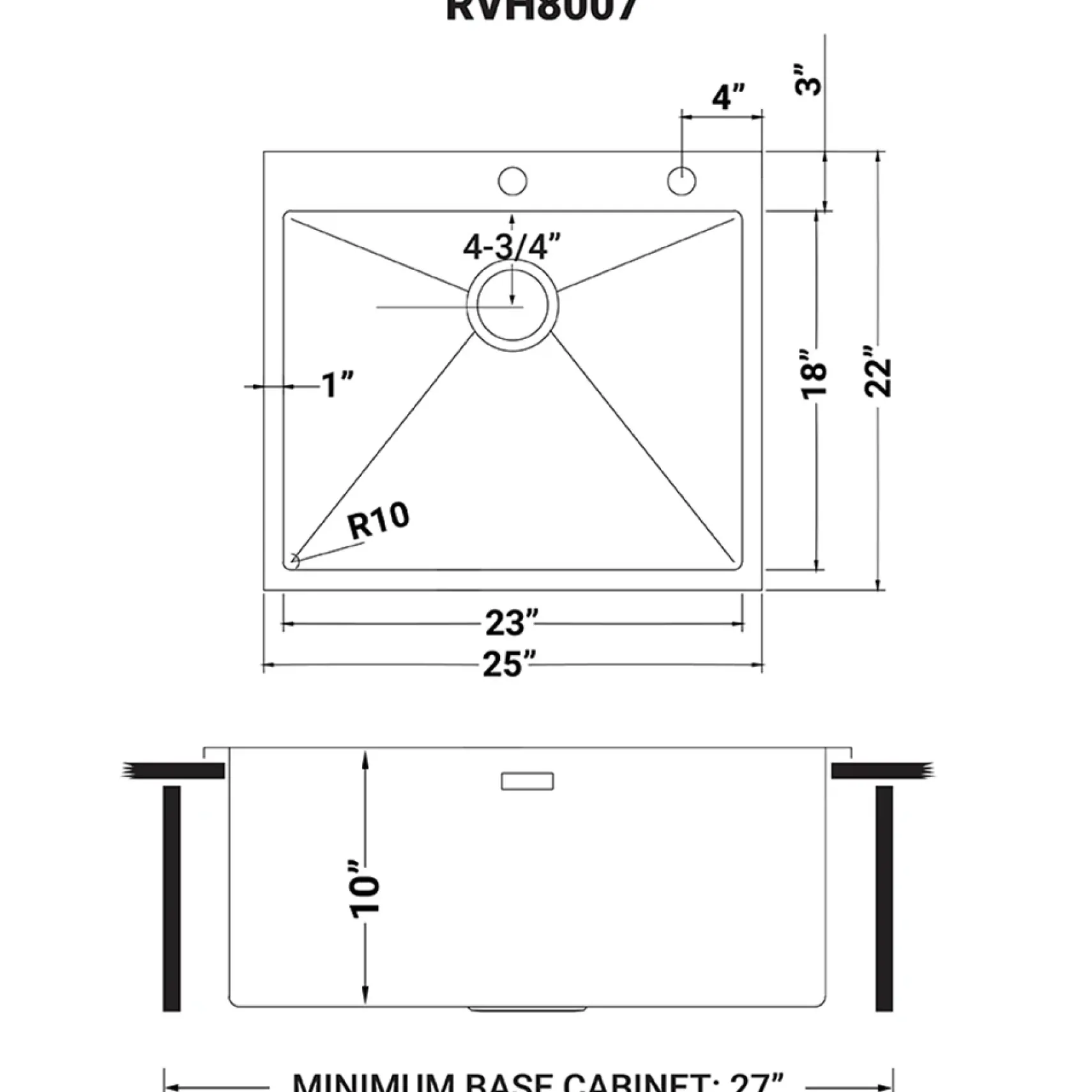 Ruvati Tirana Pro 25" Stainless Steel Kitchen Sink, 16 Gauge, Rounded Corners, RVH8007