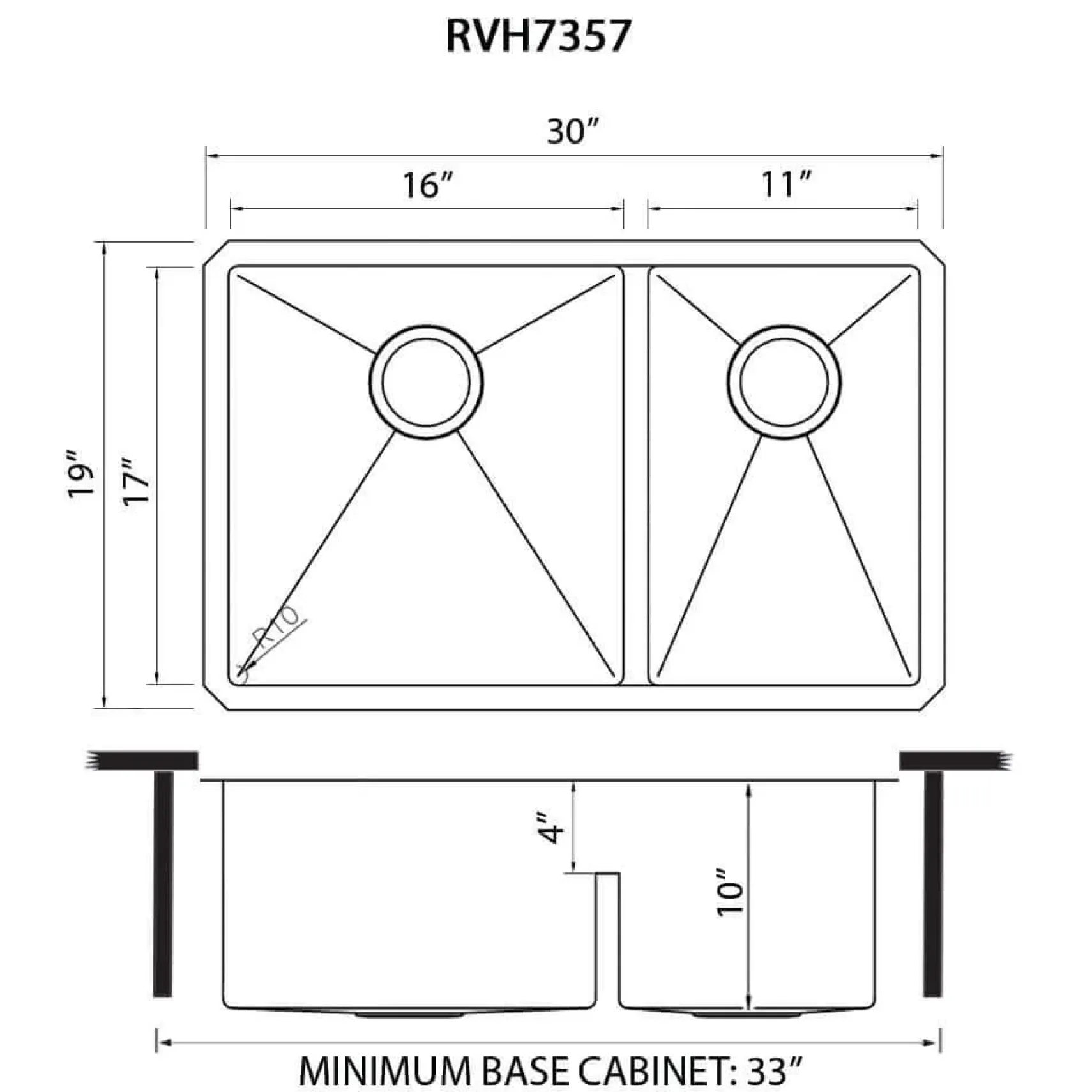 Ruvati Urbana 30" Undermount Stainless Steel Kitchen Sink, 60/40 Low Divide Double Bowl, 16 Gauge, Rounded Corners, RVH7357