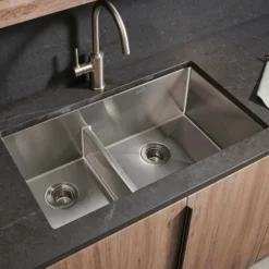 Ruvati Urbana 33" Undermount Stainless Steel Kitchen Sink, 40/60 Low Divide Double Bowl, 16 Gauge, Rounded Corners, RVH7418