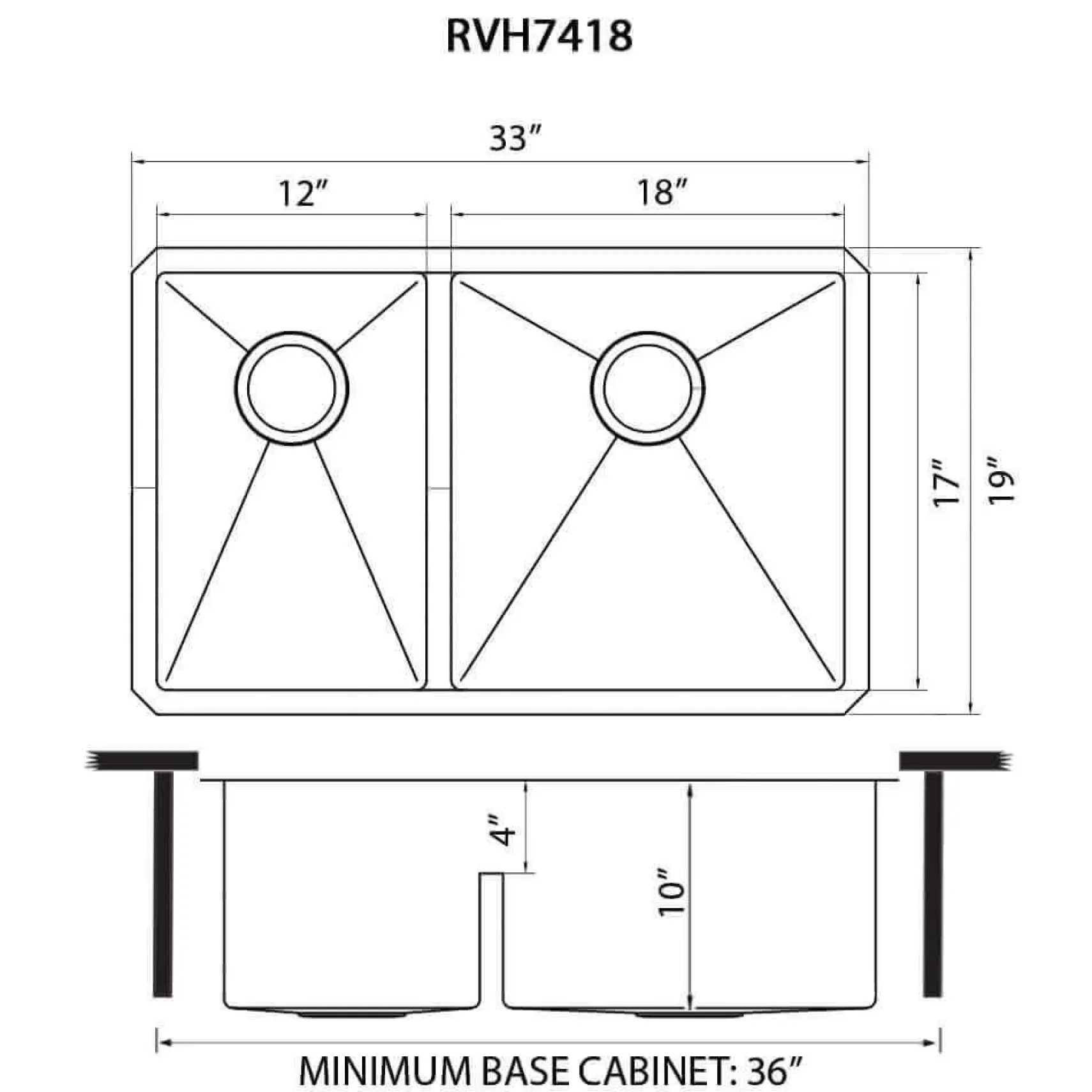Ruvati Urbana 33" Undermount Stainless Steel Kitchen Sink, 40/60 Low Divide Double Bowl, 16 Gauge, Rounded Corners, RVH7418