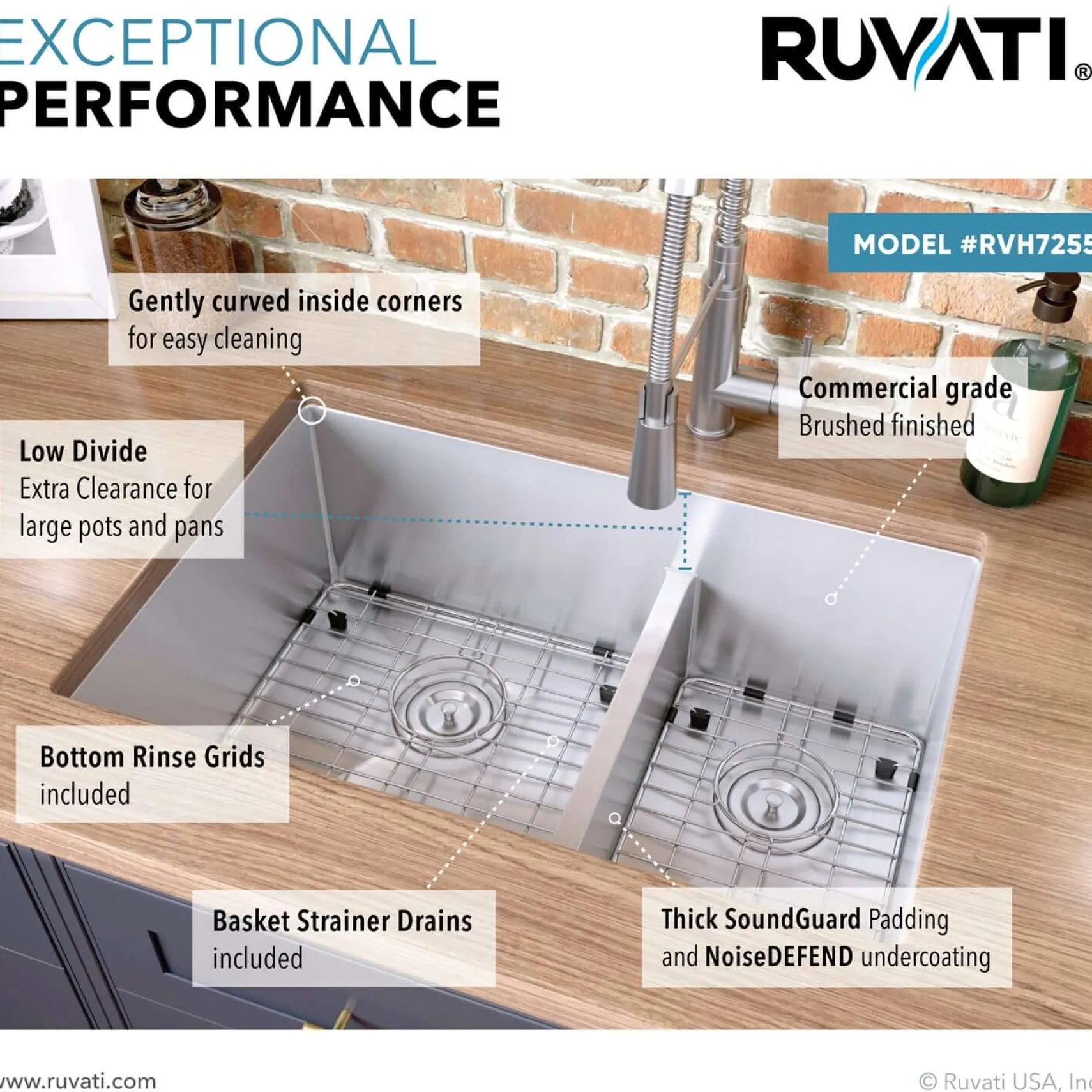 Ruvati Urbana 28" Undermount Stainless Steel Kitchen Sink, 60/40 Low Divide Double Bowl, 16 Gauge, Rounded Corners, RVH7255