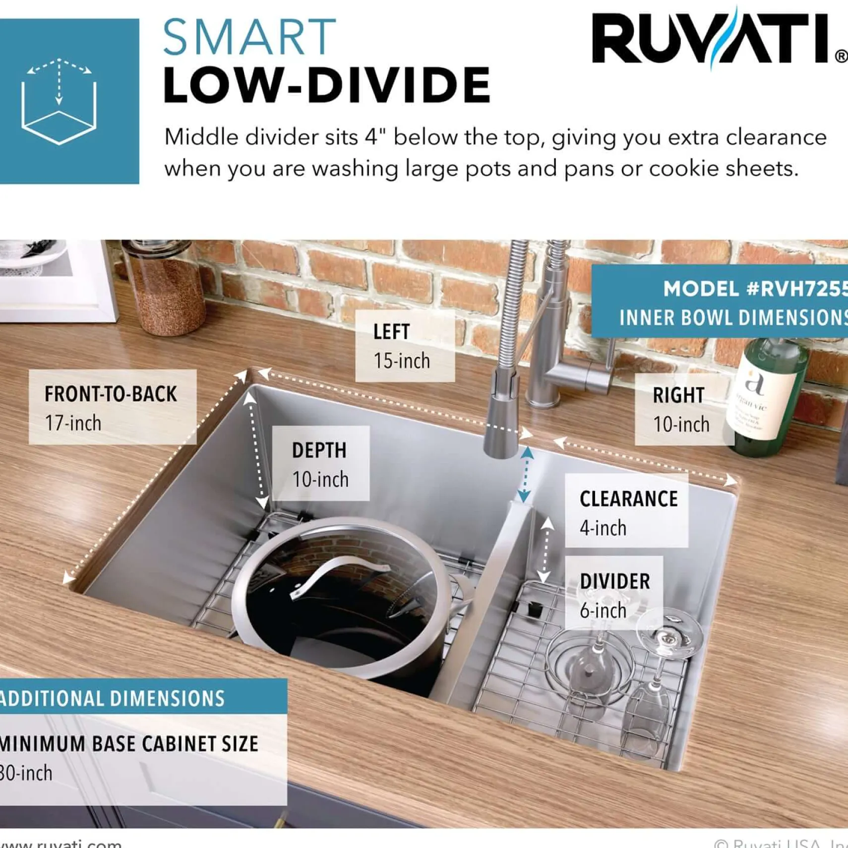 Ruvati Urbana 28" Undermount Stainless Steel Kitchen Sink, 60/40 Low Divide Double Bowl, 16 Gauge, Rounded Corners, RVH7255