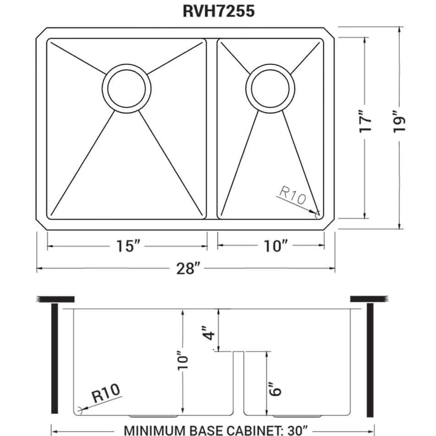 Ruvati Urbana 28" Undermount Stainless Steel Kitchen Sink, 60/40 Low Divide Double Bowl, 16 Gauge, Rounded Corners, RVH7255