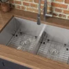 Ruvati Urbana 30" Undermount Stainless Steel Kitchen Sink, 50/50 Low Divide Double Bowl, 16 Gauge, Rounded Corners, RVH7355