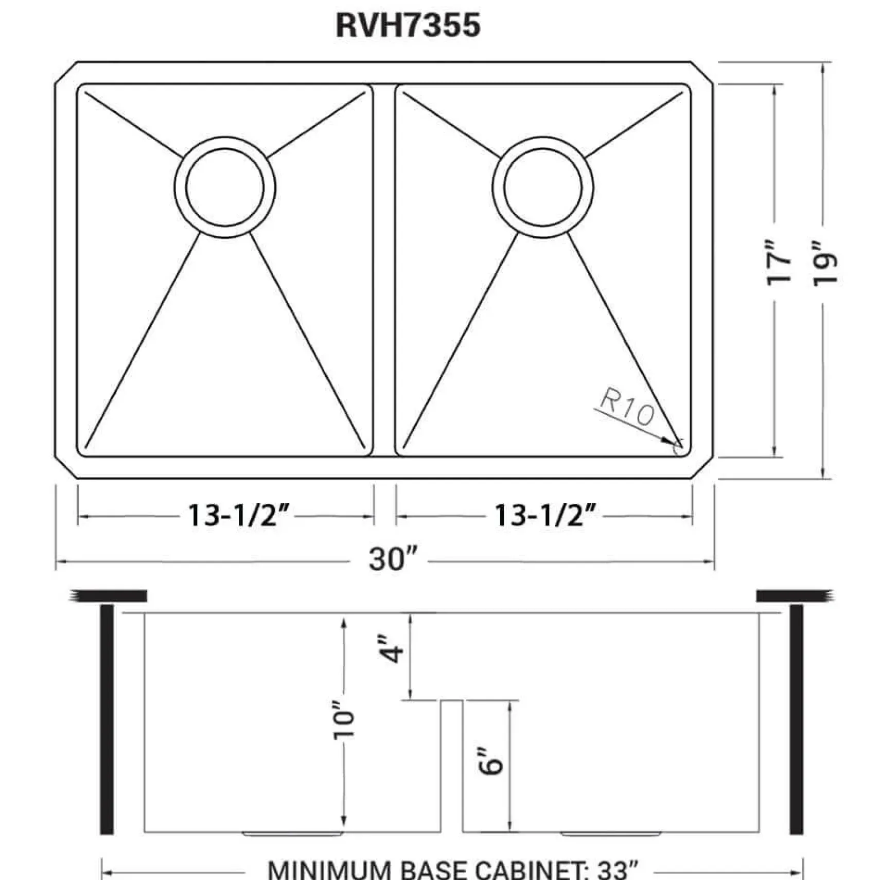 Ruvati Urbana 30" Undermount Stainless Steel Kitchen Sink, 50/50 Low Divide Double Bowl, 16 Gauge, Rounded Corners, RVH7355