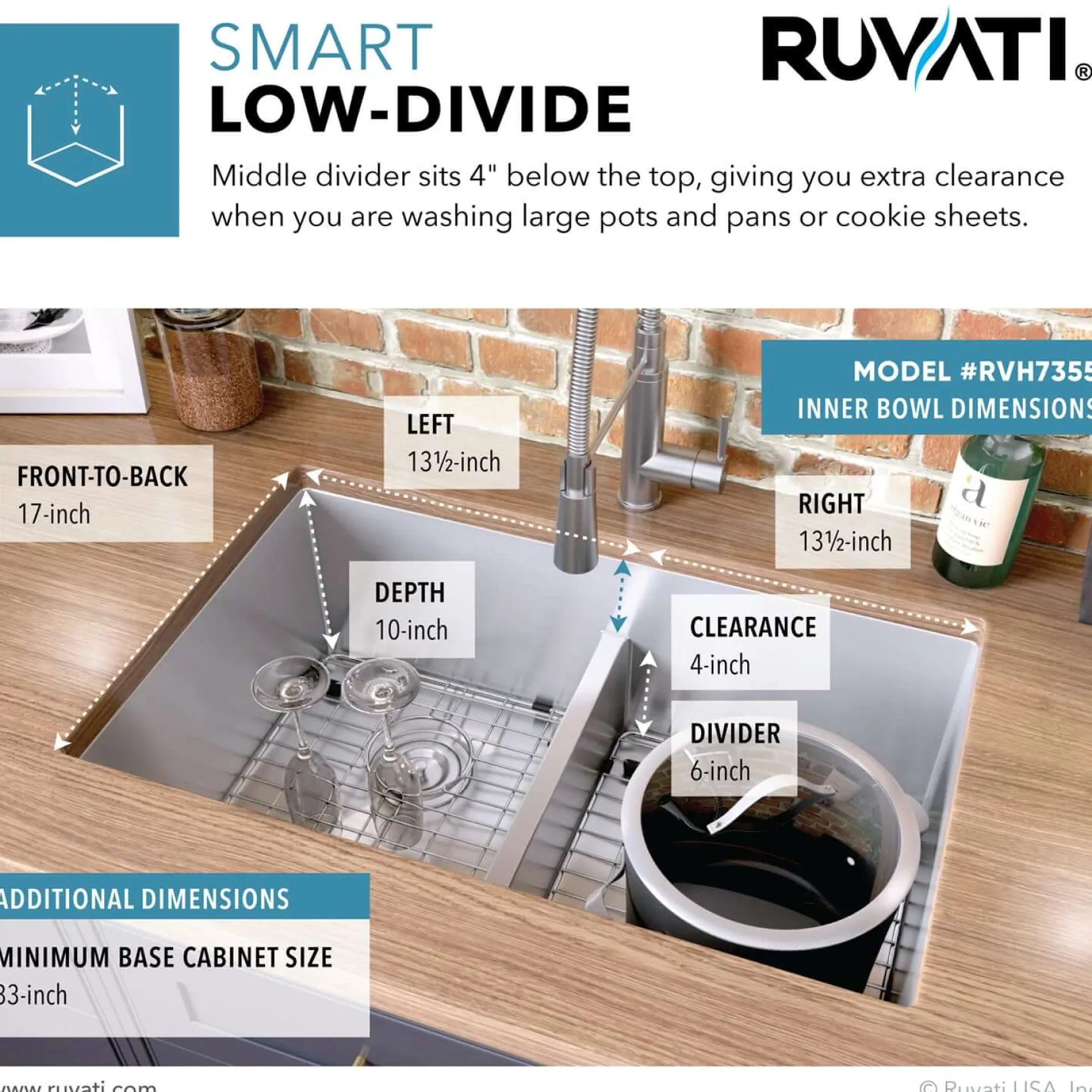 Ruvati Urbana 30" Undermount Stainless Steel Kitchen Sink, 50/50 Low Divide Double Bowl, 16 Gauge, Rounded Corners, RVH7355
