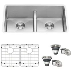 Ruvati Urbana 32" Undermount Stainless Steel Kitchen Sink, 50/50 Low Divide Double Bowl, 16 Gauge, Rounded Corners, RVH7411