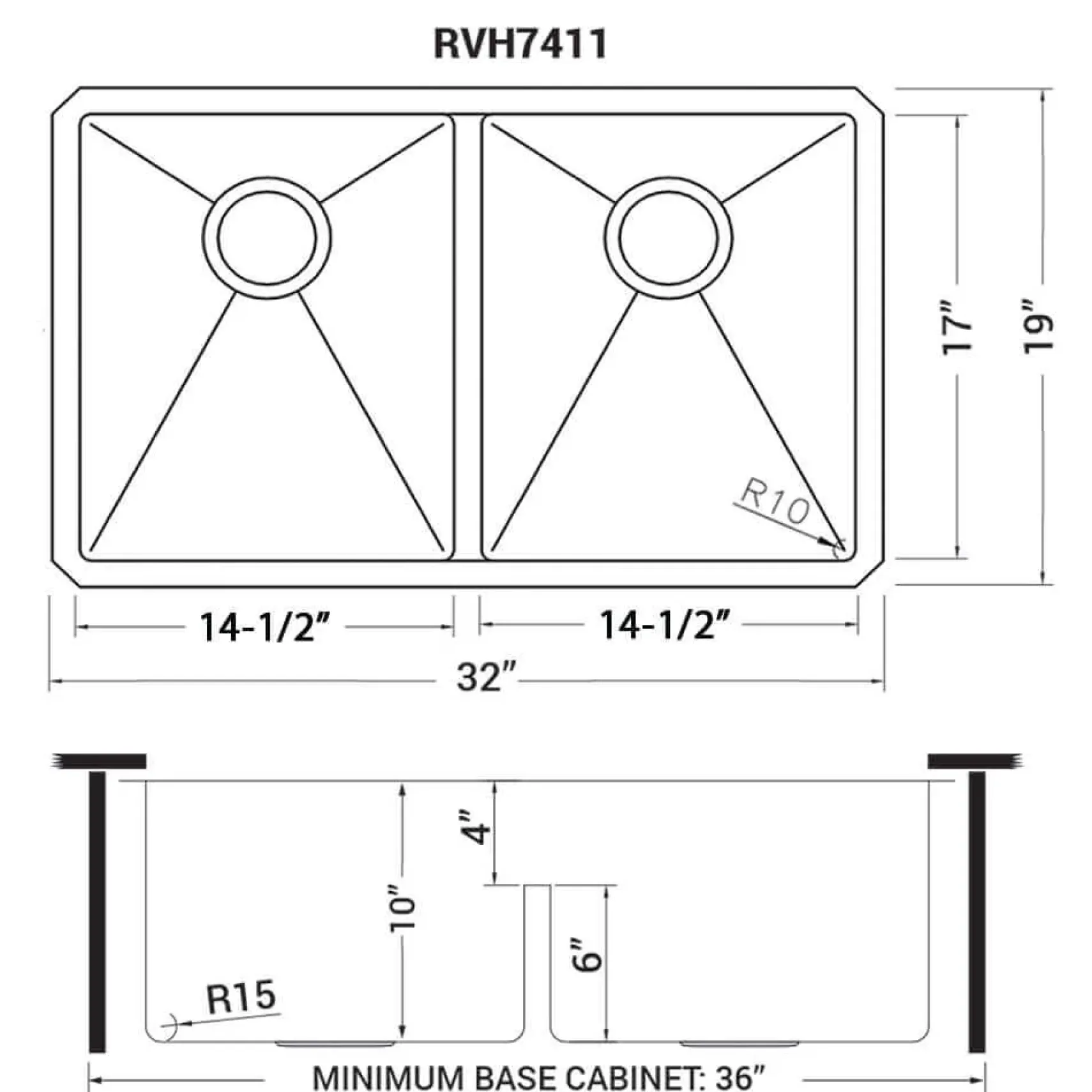 Ruvati Urbana 32" Undermount Stainless Steel Kitchen Sink, 50/50 Low Divide Double Bowl, 16 Gauge, Rounded Corners, RVH7411