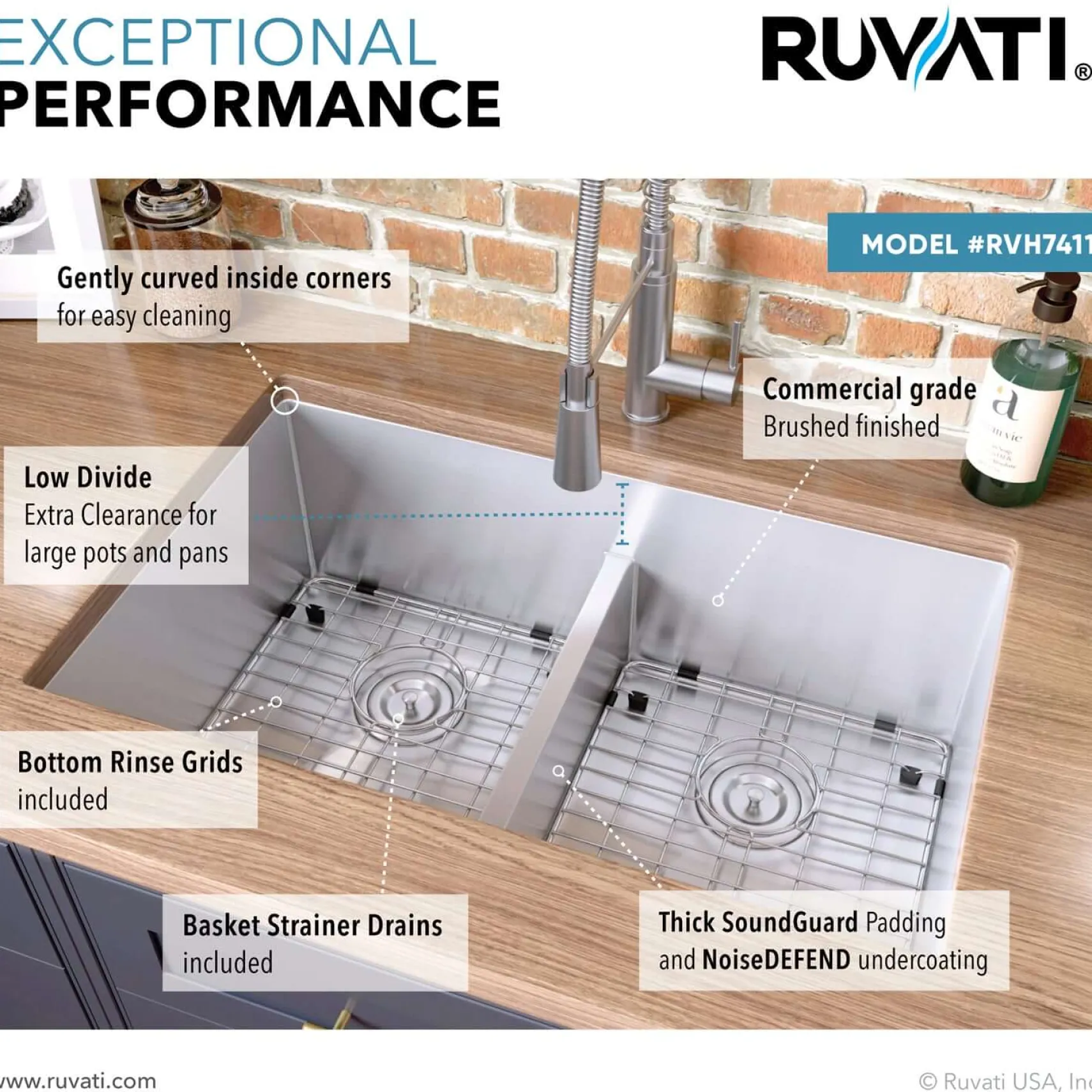 Ruvati Urbana 32" Undermount Stainless Steel Kitchen Sink, 50/50 Low Divide Double Bowl, 16 Gauge, Rounded Corners, RVH7411