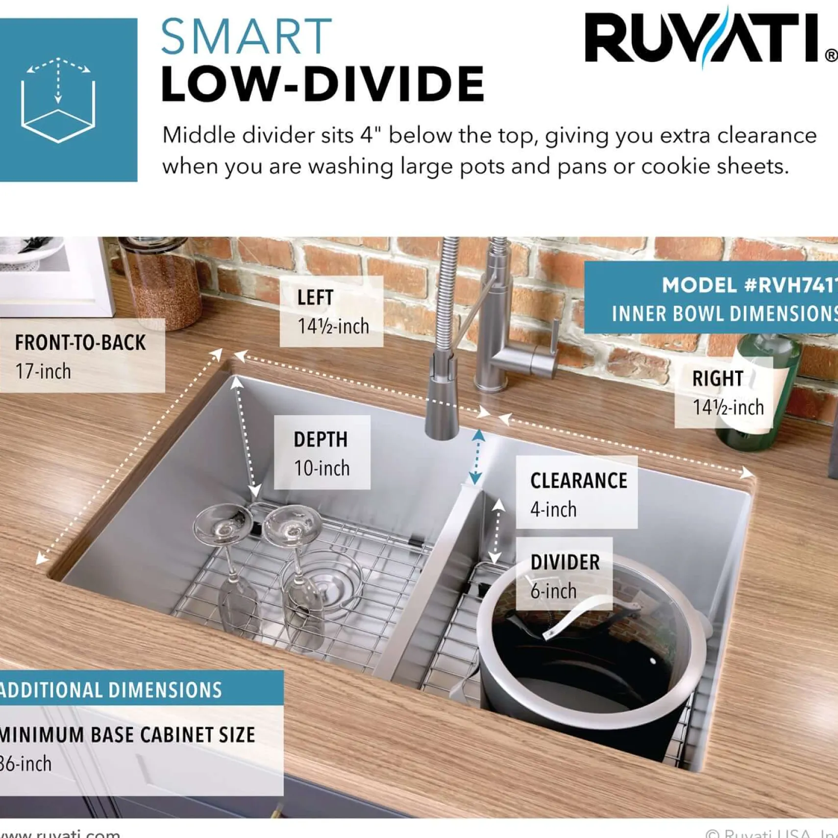 Ruvati Urbana 32" Undermount Stainless Steel Kitchen Sink, 50/50 Low Divide Double Bowl, 16 Gauge, Rounded Corners, RVH7411