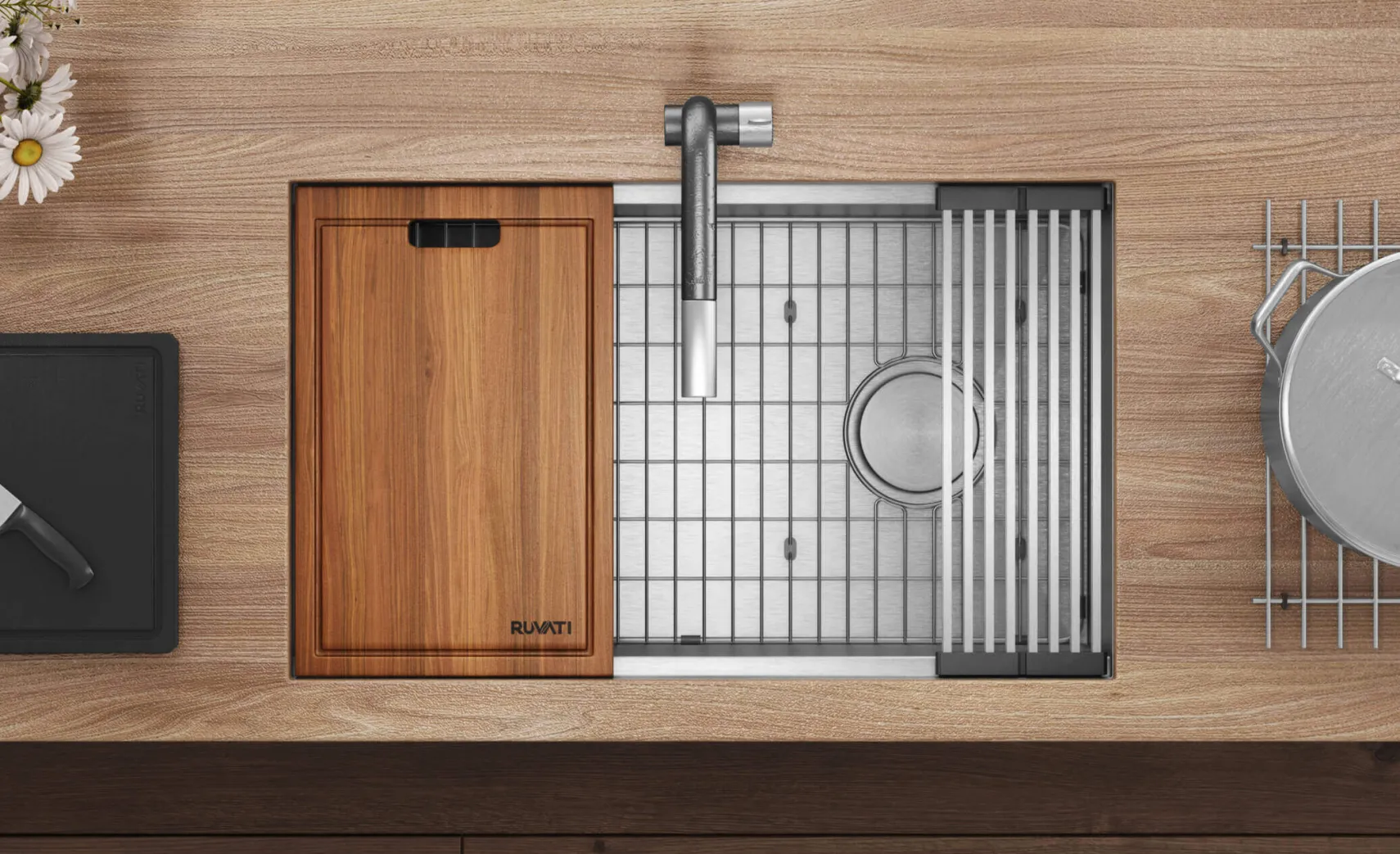 Ruvati Veniso 30" Slope Bottom Offset Drain Undermount Stainless Steel Workstation Kitchen Sink, 16 Gauge, RVH8582