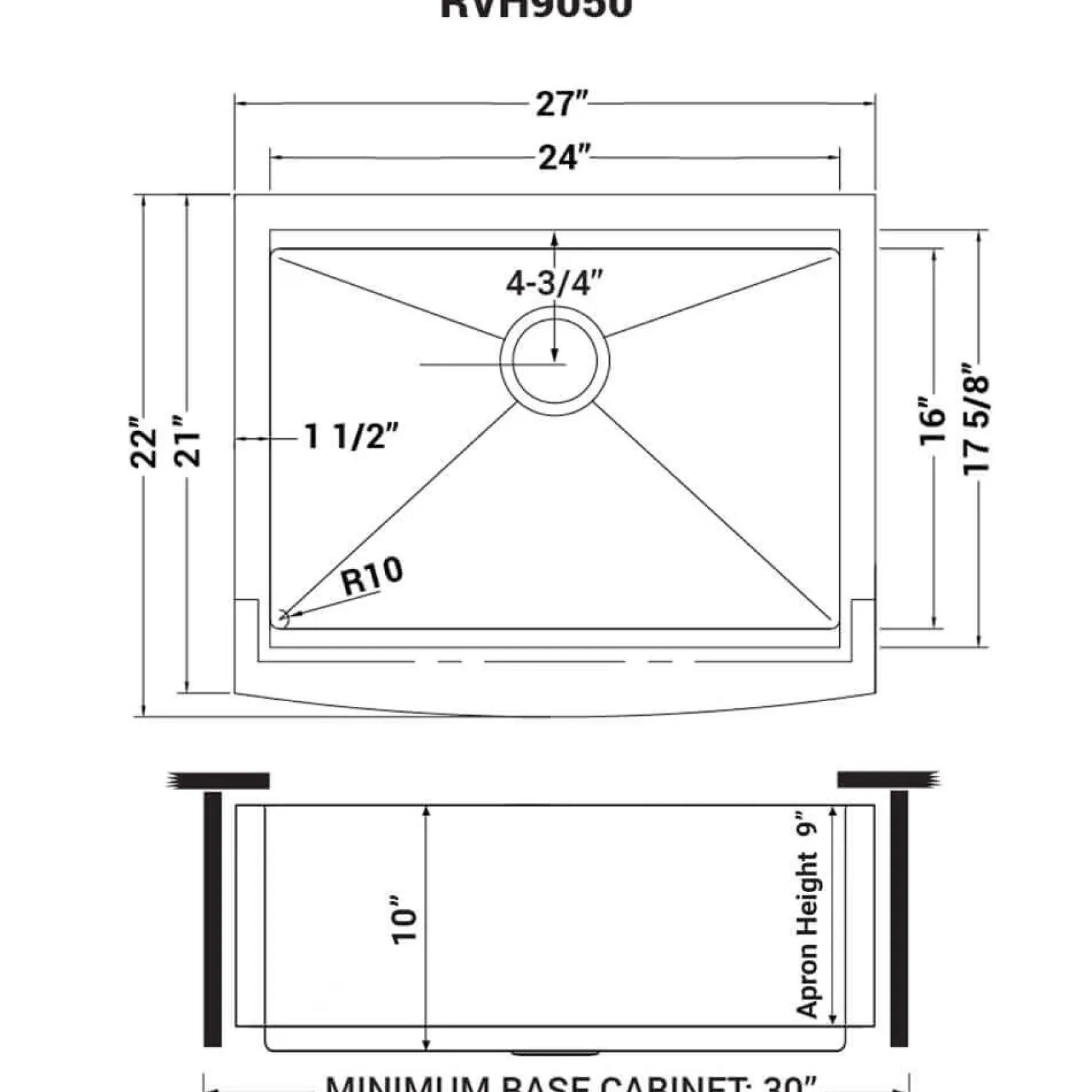 Ruvati Verona 27" Stainless Steel Workstation Apron-front Farmhouse Sink, 16 Gauge, RVH9050
