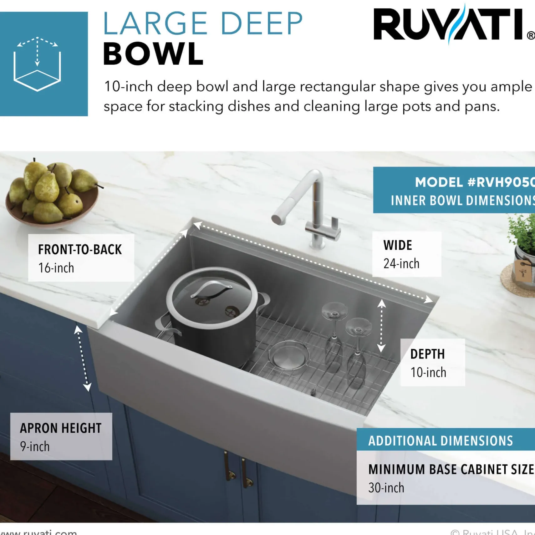 Ruvati Verona 27" Stainless Steel Workstation Apron-front Farmhouse Sink, 16 Gauge, RVH9050