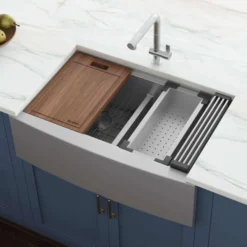 Ruvati Verona 33" Stainless Steel Workstation Apron-front Farmhouse Sink, 60/40 Low Divide Double Bowl, 16 Gauge, RVH9201