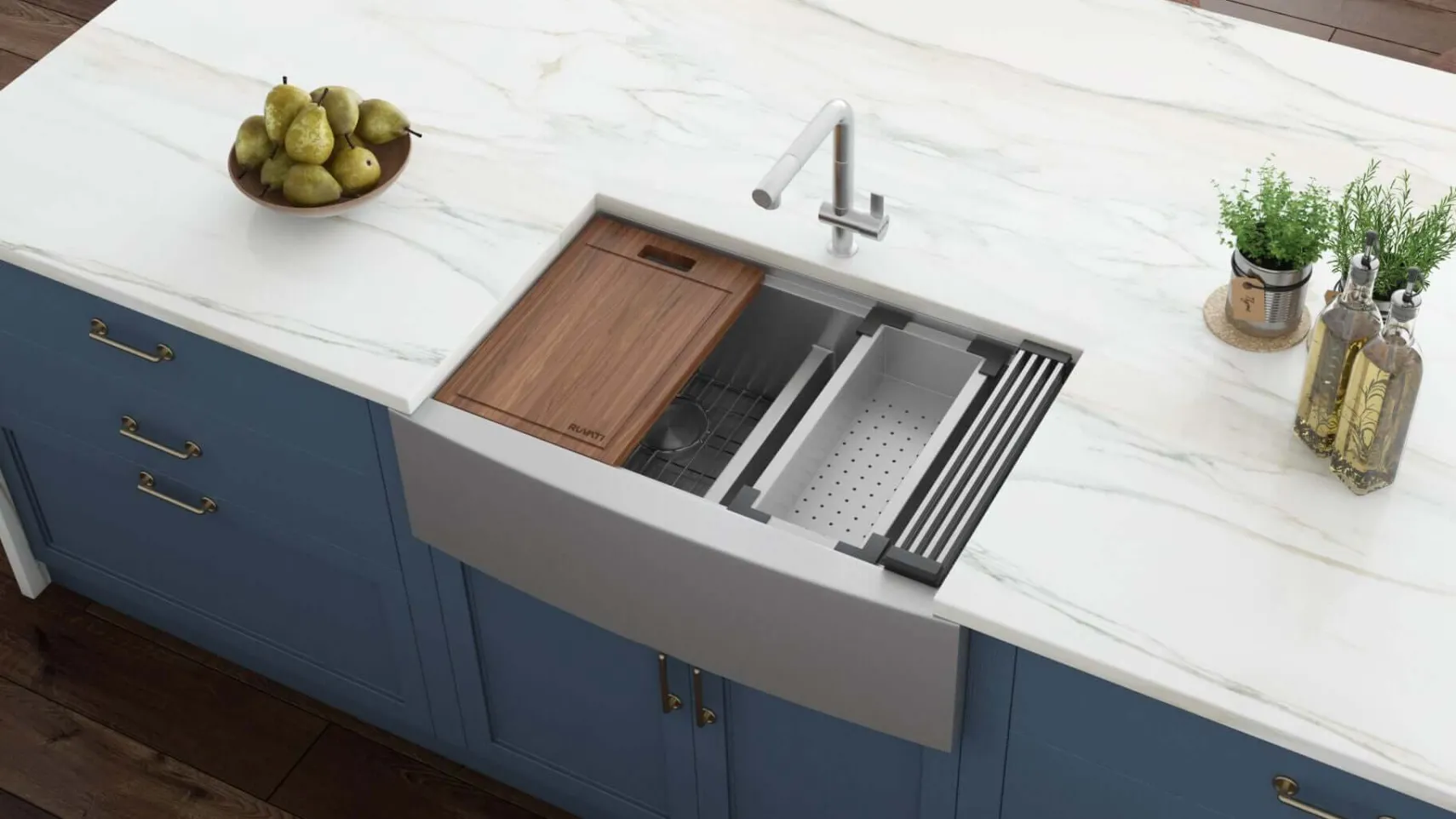 Ruvati Verona 36" Stainless Steel Workstation Apron-front Farmhouse Sink, 50/50 Low Divide Double Bowl, 16 Gauge, RVH9301