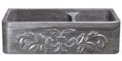 36" Smoke Brown Limestone Farmhouse Kitchen Sink, Floral Carving Front, 60/40 Double Bowl, KF362010DB-F2-6040-BLN