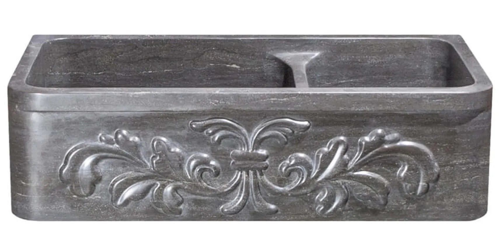 36" Smoke Brown Limestone Farmhouse Kitchen Sink, Floral Carving Front, 60/40 Double Bowl, KF362010DB-F2-6040-BLN