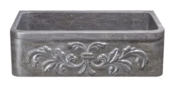 33" Smoke Brown Limestone Farmhouse Kitchen Sink, Floral Carving Front, Single Bowl, KF332010SB-F2-BLN