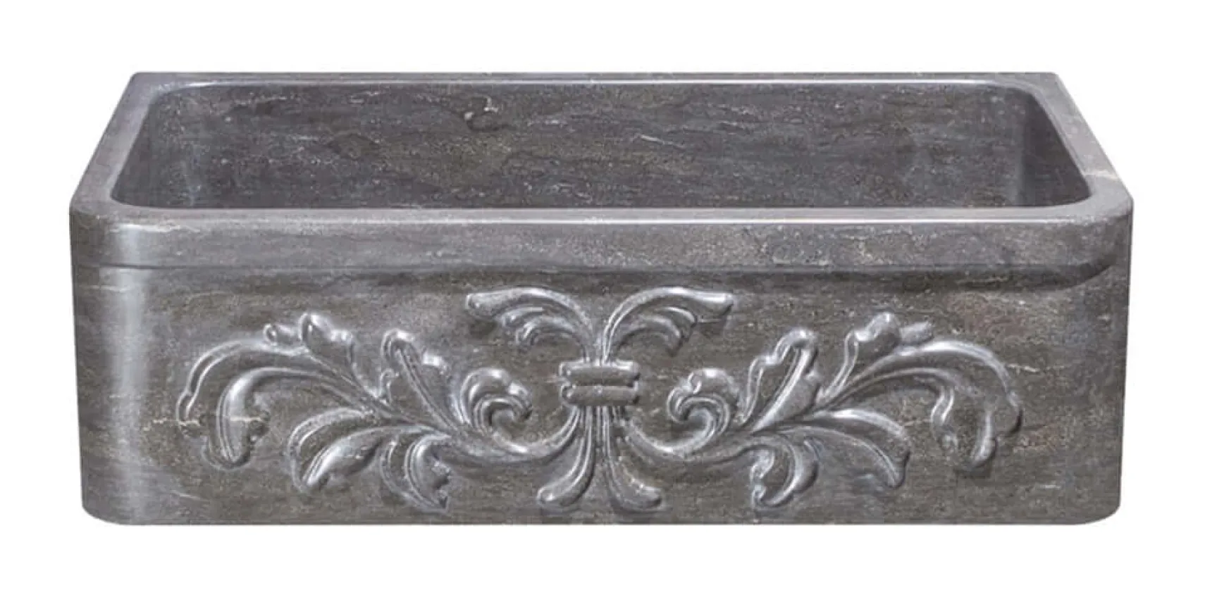 33" Smoke Brown Limestone Farmhouse Kitchen Sink, Floral Carving Front, Single Bowl, KF332010SB-F2-BLN
