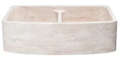 36" Stone 50/50 Double Bowl Farmhouse Kitchen Sink, Curved Reversible Apron Front, Roma Travertine, Beige, KFCF362210DB-NLP-5050-RT