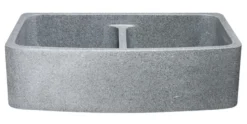 36" Stone 50/50 Double Bowl Farmhouse Kitchen Sink, Curved Reversible Apron Front, Mercury Granite, Gray, KFCF362210DB-NLP-5050-M