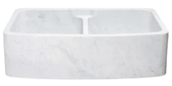 36" Stone 50/50 Double Bowl Farmhouse Kitchen Sink, Curved Reversible Apron Front, Carrara Marble, White, KFCF362210DB-NLP-5050-CW