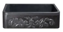 36" Stone Farmhouse Kitchen Sink, Floral Carving Apron Front, Black Granite, Black, KF362010SB-F2-BK