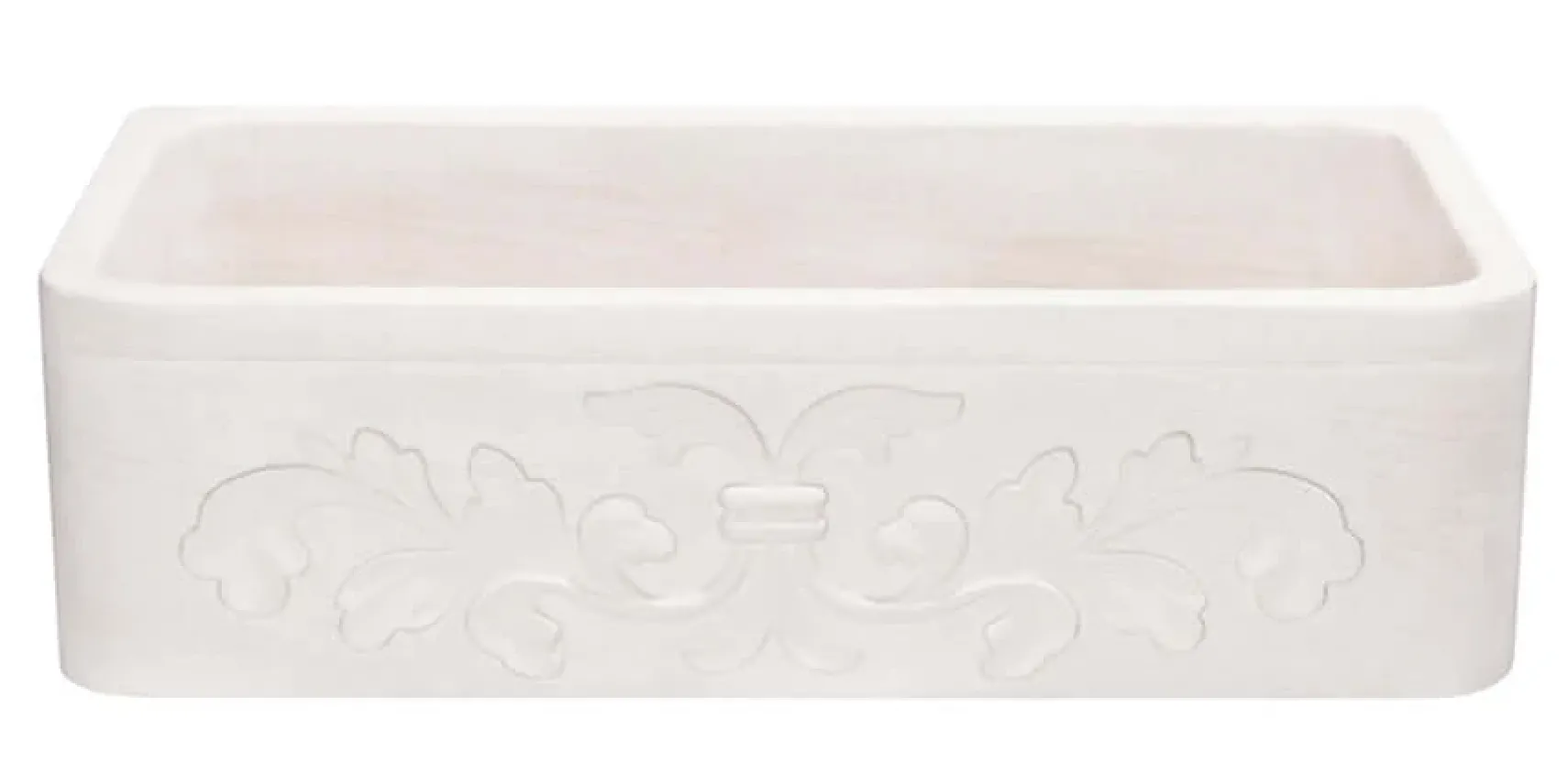 36" Stone Farmhouse Kitchen Sink, Smooth Reversible Floral Carving Apron Front, Crema Lyon Limestone, Beige, KF362010SB-F2-CL