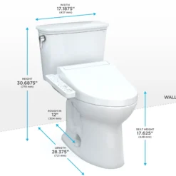 TOTO Drake Transitional WASHLET+ Two-Piece Elongated 1.28 GPF Universal Height TORNADO FLUSH Toilet with C2 Bidet Seat, Cotton White, Vitreous China, MW7863074CEFG#01