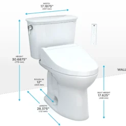 TOTO Drake Transitional WASHLET+ Two-Piece Elongated 1.28 GPF Universal Height TORNADO FLUSH Toilet with C5 Bidet Seat, Cotton White, Vitreous China, MW7863084CEFG#01