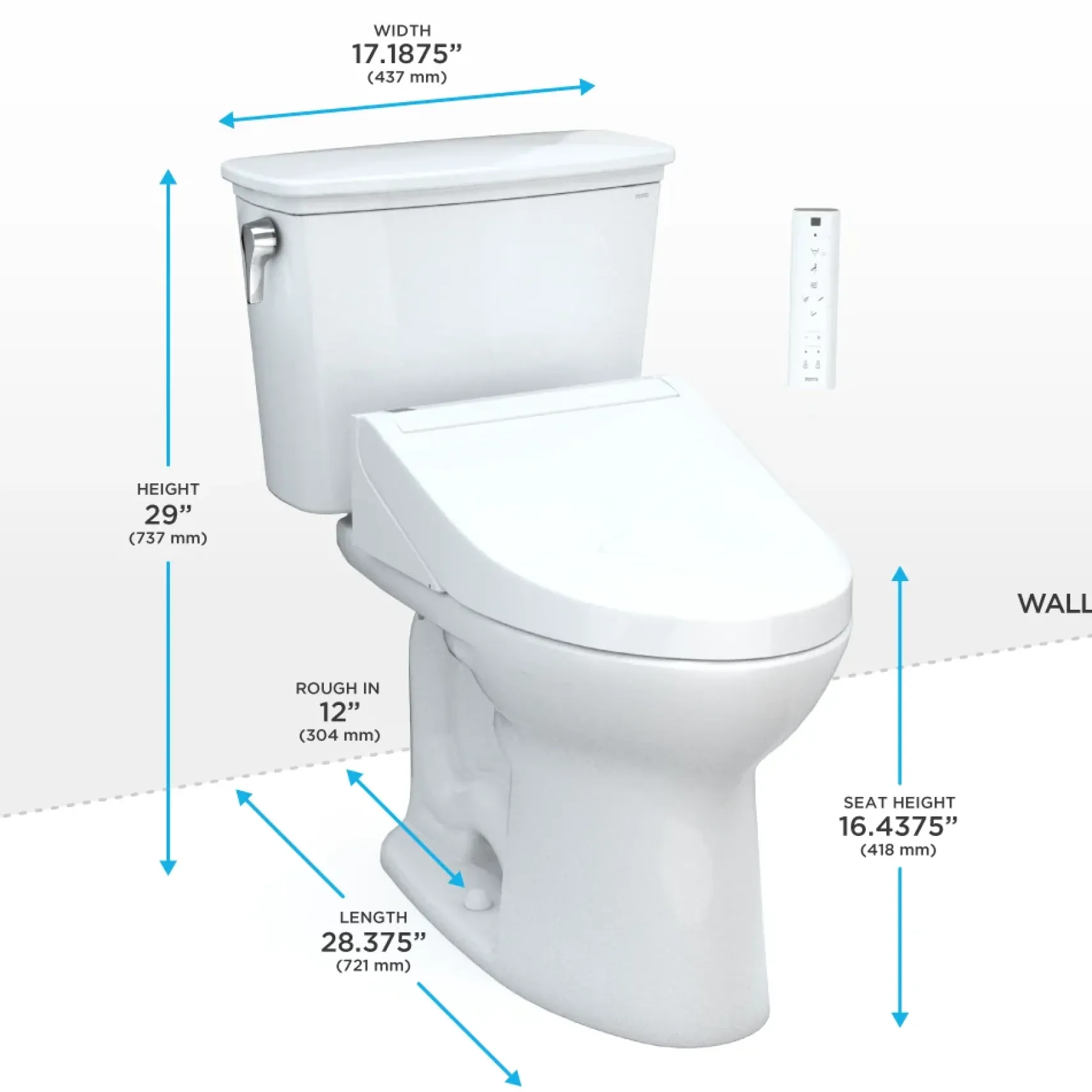 TOTO Drake Transitional WASHLET+ Two-Piece Elongated 1.28 GPF TORNADO FLUSH Toilet with C5 Bidet Seat, Cotton White, Vitreous China, MW7863084CEG#01