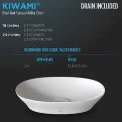 TOTO Kiwami Oval 16 Inch Vessel Bathroom Sink with CEFIONTECT, Cotton White, Ceramic, LT473G#01