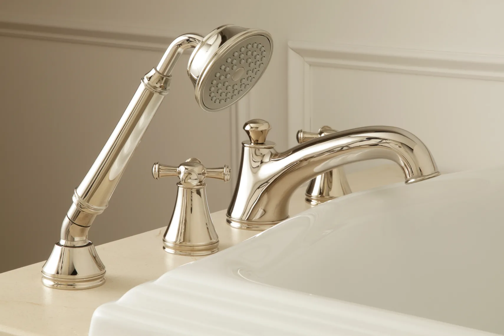 TOTO Vivian Two Cross Handle Deck-Mount Roman Tub Filler Trim with Hand Shower, Polished Chrome, Brass, TB220S#CP