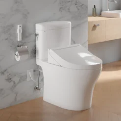 TOTO WASHLET+ Aquia IV Cube Two-Piece Elongated Dual Flush 1.28 and 0.9 GPF Toilet with C5 Bidet Seat, Cotton White, Vitreous China|Plastic, MW4363084CEMFGN#01