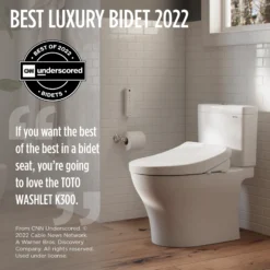 TOTO WASHLET K300 Electronic Bidet Toilet Seat with Instantaneous Water Heating, PREMIST and EWATER+ Wand Cleaning, Elongated, Cotton White, Plastic, SW3036R#01