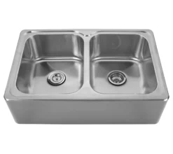 Whitehaus 33" Brushed Stainless Steel Double Bowl Farmhouse Apron Sink, WHNAPEQ3322