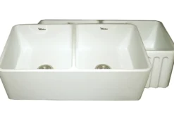 Whitehaus 33" Fireclay Double Bowl Farmhouse Apron Sink, Biscuit, WHFLPLN3318