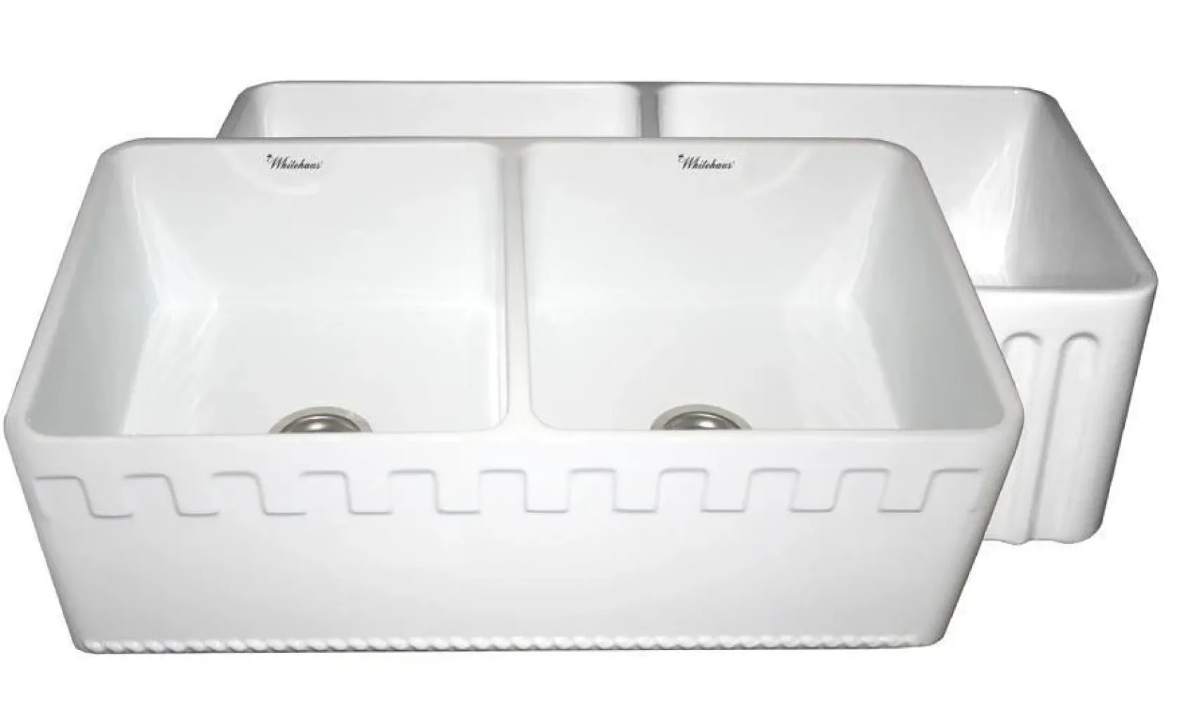 Whitehaus 33" Fireclay Double Bowl Farmhouse Apron Sink, Reversible, White, WHFLATN3318