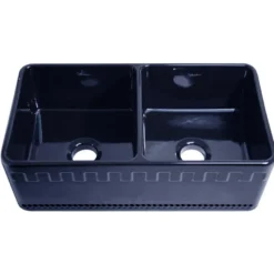 Whitehaus 33" Fireclay Double Bowl Farmhouse Apron Sink, Reversible, Blue, WHFLATN3318