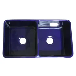 Whitehaus 33" Fireclay Double Bowl Farmhouse Apron Sink, Blue, WHFLPLN3318