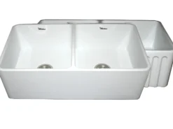 Whitehaus 33" Fireclay Double Bowl Farmhouse Apron Sink, White, WHFLPLN3318