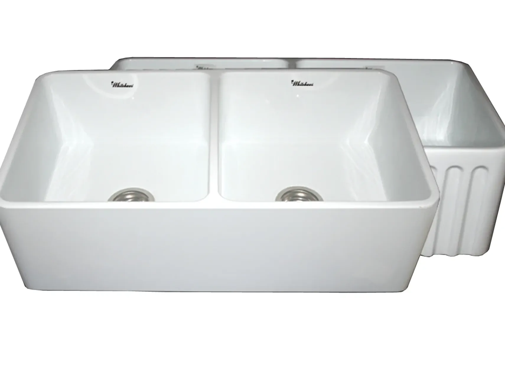 Whitehaus 33" Fireclay Double Bowl Farmhouse Apron Sink, White, WHFLPLN3318