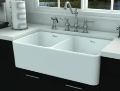 Whitehaus 33" Fireclay Double Bowl Farmhouse Apron Sink, White, WHFLPLN3318